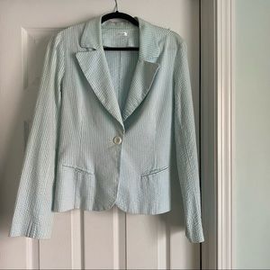 Bloomingdale’s Aqua seersucker turquoise and white blazer